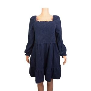 100% Cotton Navy Blue Smocked Midi Dress Cottage Western Romantic Corduroy Sz XL